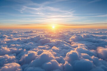 Majestic sunrise over a sea of fluffy clouds with warm golden hues shining on the soft formations, creating a peaceful and dreamy atmosphere. Ai generative