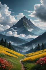 Naklejka premium painting of a mountain with a path leading to a meadow 