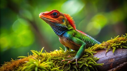 Obraz premium Sri Lanka Green Forest Lizard with Red Head - Miniature Tilt-Shift Photography