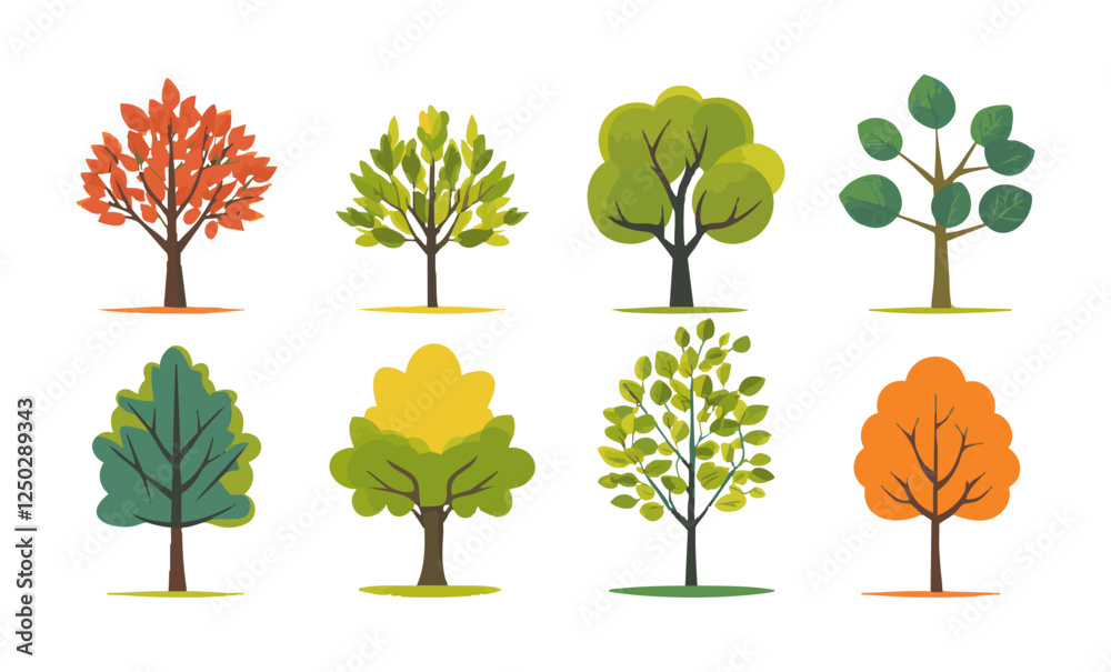 Wall mural set of tree and leaf collection hand drawn flat design vector element. botanical set of bare trees a