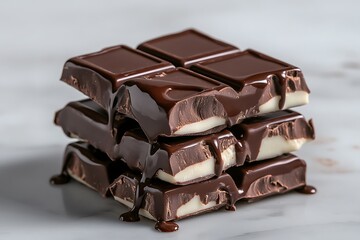 A simple yet captivating stack of alternating chocolate squares with chocolate dripping uniformly...