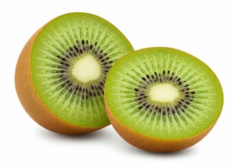 Fototapeta premium The juicy, vibrant green flesh of a halved kiwi fruit is showcased in detail, with the contrasting black seeds and textured brown skin standing out against a white background