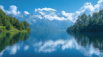 Serene lake reflecting majestic mountains under a clear blue sky with clouds, ideal for nature themes