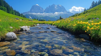 Serene mountain landscape with a clear stream and vibrant wildflowers under a blue sky