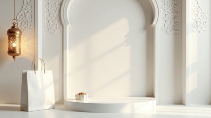 Elegant White Interior Scene with Gift, Shopping Bag, and Lantern
