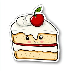 Cute Cartoon Slice of Cake with Whipped Cream and Cherry on Top