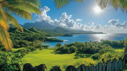 Serene tropical landscape showcasing lush greenery, tranquil ocean, and majestic mountains under a bright sun