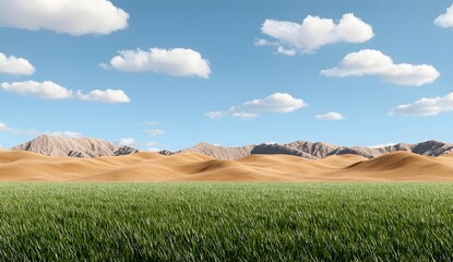 Fototapeta premium Vibrant Grassland with Rolling Sand Dunes and Majestic Mountains Under a Bright Blue Sky with Fluffy White Clouds