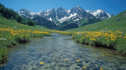 Serene mountain landscape with vibrant wildflowers and a clear stream under a blue sky