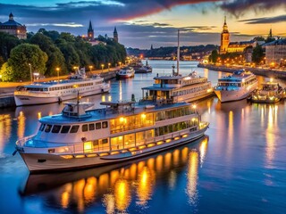 Naklejka premium Stockholm Nybroviken Bay: Cruise Boats Departing at Dusk - Low Light Photography