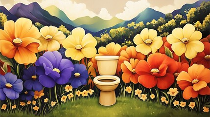 Fototapeta premium A whimsical scene featuring a toilet surrounded by vibrant flowers and mountains, blending humor with nature's beauty.