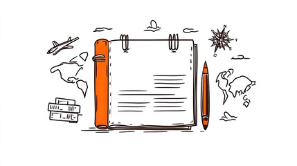 Illustrated travel notebook with a pen, surrounded by maps and travel elements in a creative layout