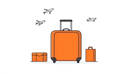 Orange luggage set with various sizes against a backdrop of flying airplanes in a travel theme