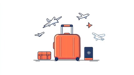 Colorful illustration of travel luggage surrounded by various airplanes in a clear sky