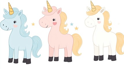 Three whimsical unicorns in pastel colors standing side by side with playful stars in the background
