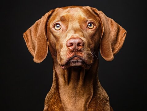 Close-up portrait of brown dog against black background