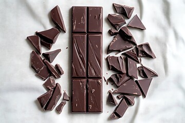 A simple yet striking flat lay of a single dark chocolate bar broken into pieces, arranged on a white backdrop.