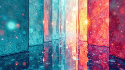 A Reflective Pathway of Vibrant, Iridescent Blocks Illuminated by a Glowing, Ethereal Light Source