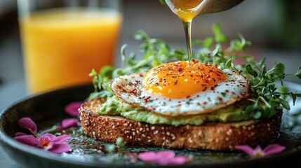 Delicious avocado toast topped with a fried egg and spices, garnished with flowers, and orange juice
