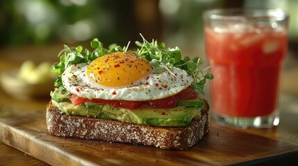 Delicious avocado toast topped with a sunny-side-up egg and microgreens, with a refreshing drink nearby