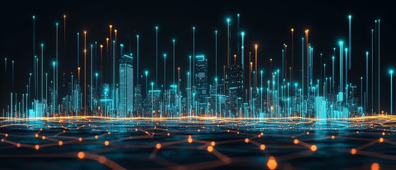 Futuristic cityscape with glowing data streams.