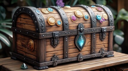 Ornate treasure chest adorned with colorful gems and coins, set against a lush green background