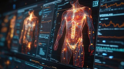 Detailed anatomical visualization of the human body with data overlays in a futuristic lab setting