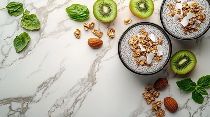 Fresh chia seed bowls topped with granola, coconut, and kiwi on a marble countertop