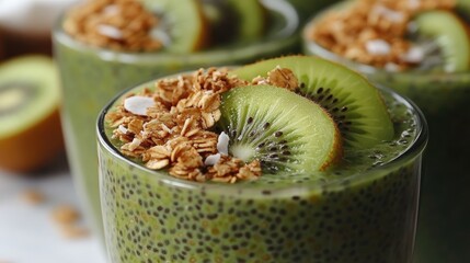 Refreshing green smoothie topped with kiwi slices and granola, set against a bright kitchen backdrop