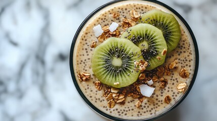 Healthy smoothie topped with kiwi slices and granola on a marble countertop background