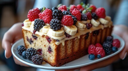 A person holding a delicious berry banana loaf cake topped with fresh fruit and cream