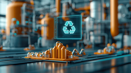 Recycling facility with holographic display of recycling symbol, showcasing advanced technology in waste management. scene emphasizes sustainability and innovation