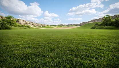 Lush Green Landscape Under Clear Blue Sky with Fluffy Clouds and Rolling Hills, Ideal for Nature Photography and Outdoor Recreation Themes