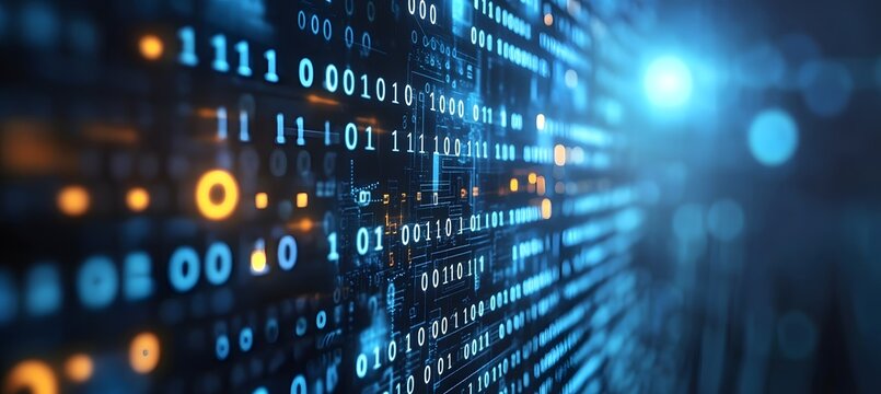 Digital data stream flowing, glowing blue, dark background, tech use - Powered by Adobe