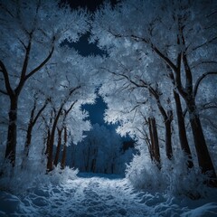 "A magical winter wonderland with glowing frost-covered trees and sparkling snow under the moonlight."