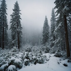 "A dense evergreen forest blanketed in thick snow, with mist rising in the cold morning air."