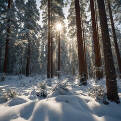 "A serene winter forest covered in freshly fallen snow, with sunlight filtering through tall pine trees."