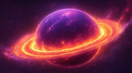 Vibrant cosmic scene of a purple planet with fiery rings surrounded by a starry background