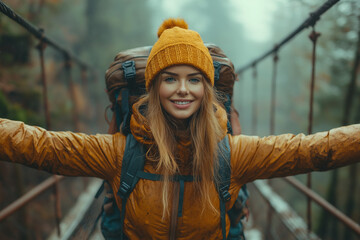 A woman with arms outstretched stands on a wooden rope bridge in a lush forest, embracing nature and adventure. Wearing a hat and backpack, she enjoys the serene landscape, symbolizing freedom