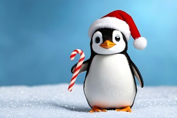Fototapeta premium Cute penguin wearing a Santa hat holding a candy cane in a snowy landscape with a soft blue background ideal for holiday-themed designs and greeting cards