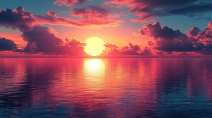 Vibrant sunset over calm ocean waters with colorful clouds reflecting on the surface