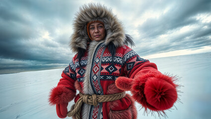 Woman in traditional winter attire poses on a snowy landscape under a dramatic sky near a frozen expanse
