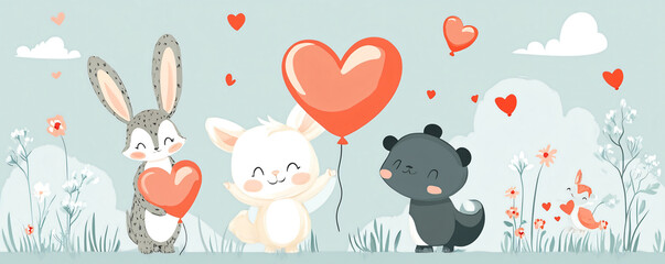 Cute animals holding heart-shaped balloons in a whimsical, colorful landscape.