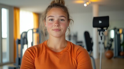 Young woman fitness blogger recording workout tips in bright gym environment motivational content for health enthusiasts