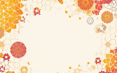 Abstract floral frame with orange and red mosaic flowers on white background.