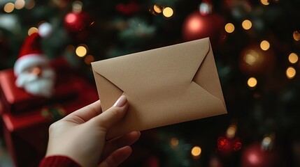 "Merry Christmas and Happy New Year Concept: Woman's Hand Holding an Empty Greeting Card with Christmas Tree, Gift Box, and Ornaments in the Background."