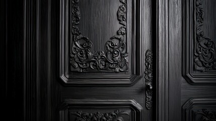 Ornate black wooden door with intricate floral carvings, set in a dimly lit interior space