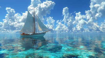 Obraz premium A serene sailboat glides over crystal-clear waters under a vibrant sky.