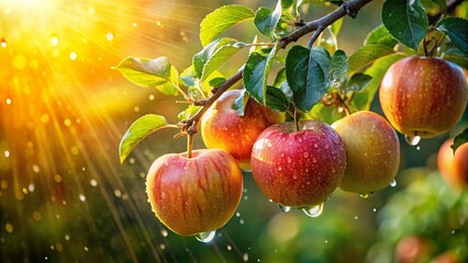 Sun-Kissed Apples: Juicy Rain-Drenched Fruit Hanging from Branch
