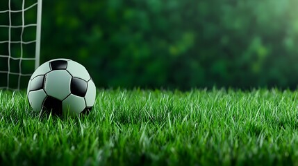 Fototapeta premium Close-up of Soccer Ball on Lush Green Grass Near Goalpost in Natural Outdoor Setting, Ideal for Sports Story or Football Theme Illustrations